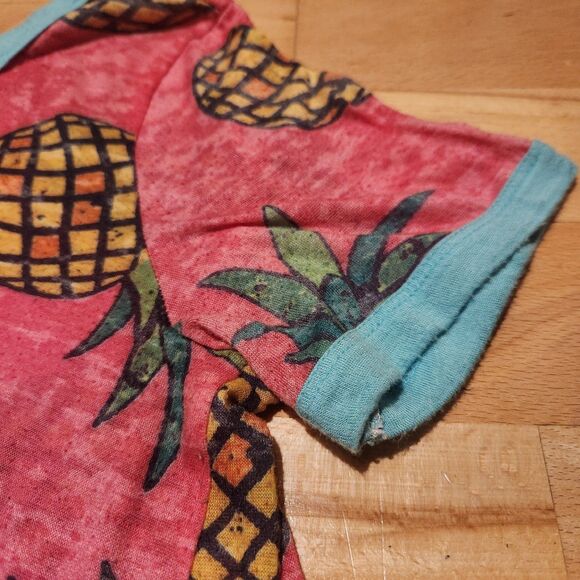 Bibi Pink Pineapple T-shirt, Blue Collar& Sleeve, Size Small - Picture 2 of 6